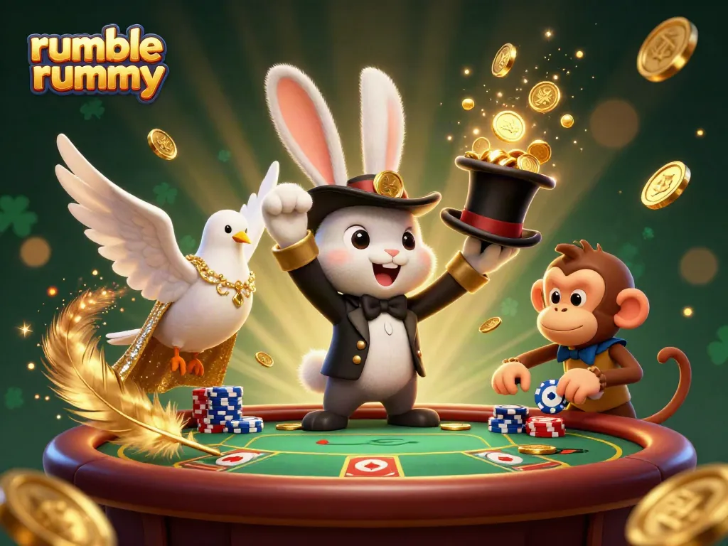 Engaging scene of a whimsical rabbit pulling golden coins while promoting Rumble Rummy, featuring vibrant gambling elements.