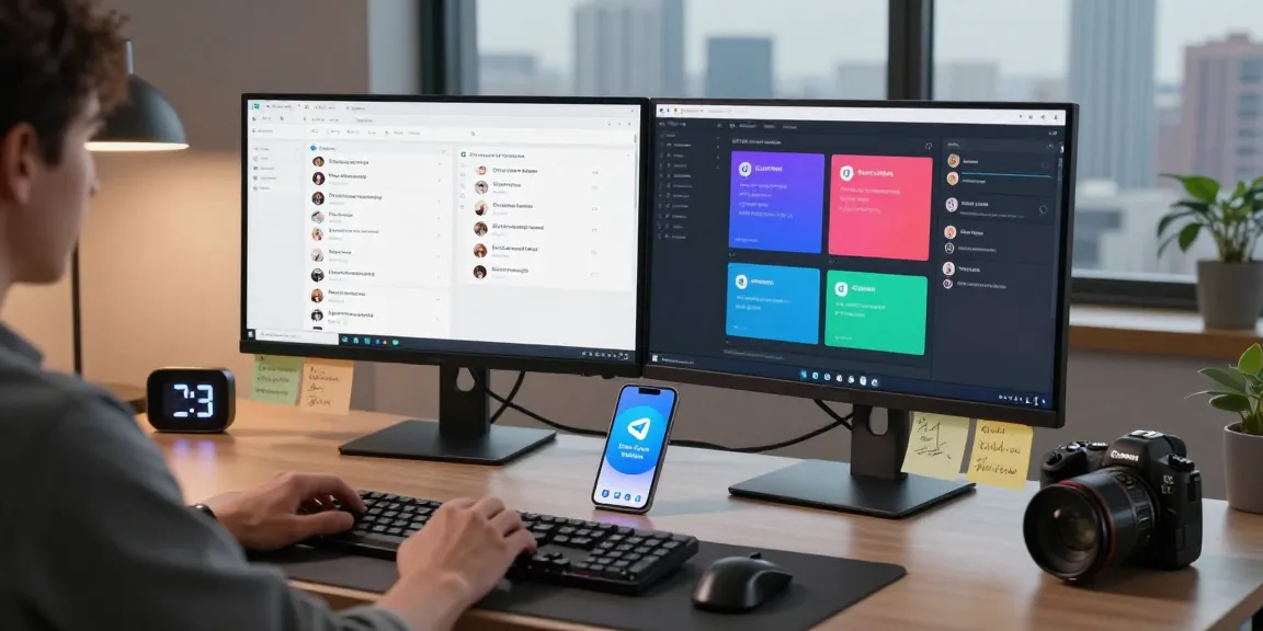 Using Telegram Web Version in a modern workspace setup with dual monitors and sleek tech accessories