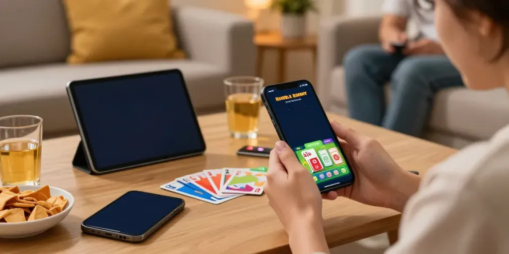 Engaging in Rumble Rummy mobile gaming with vibrant graphics and cozy setting.