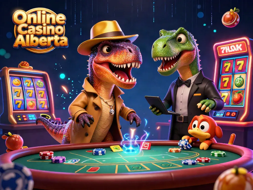 Engage in exciting gameplay at Online Casino Alberta with a velociraptor card counter and colorful slot machines.