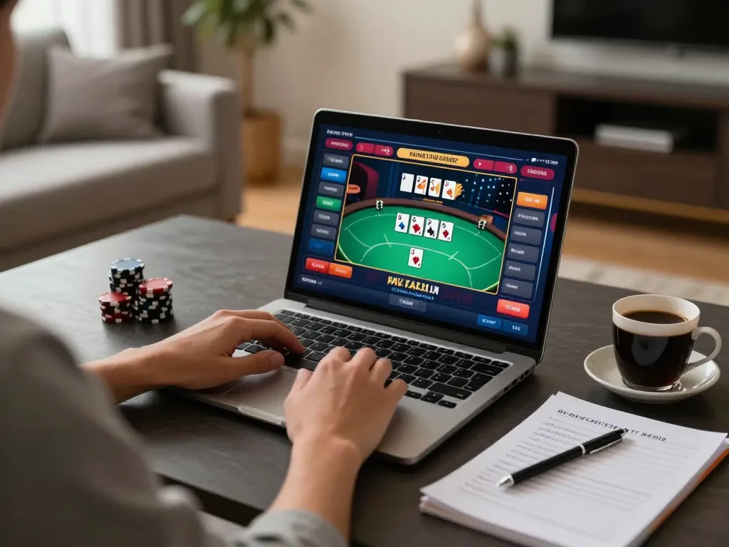 Engaging online gaming moment featuring TG7777 poker action on a laptop with strategy notes.