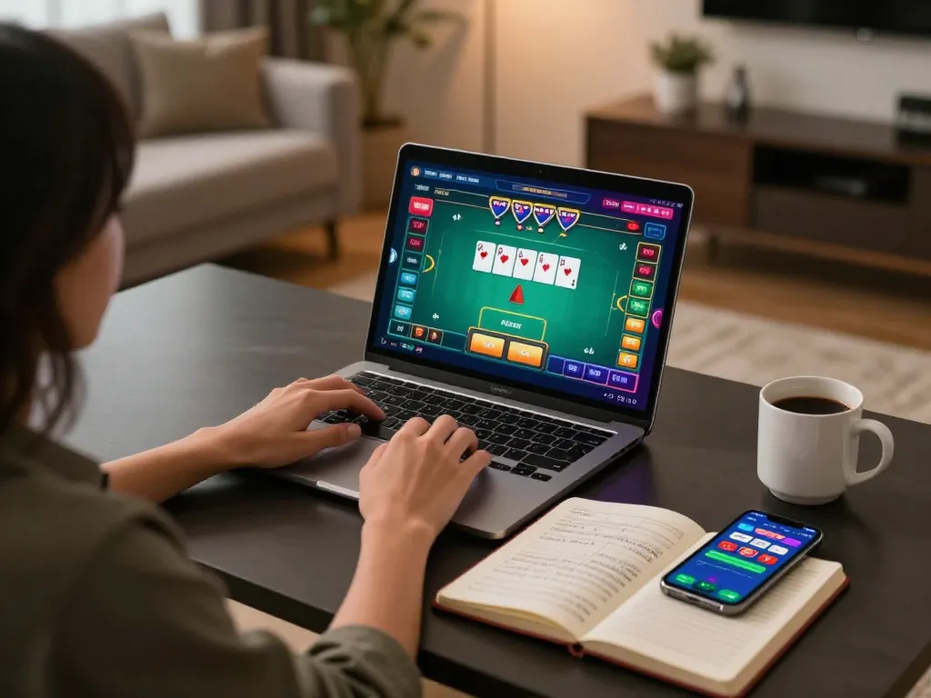 Engaging in online casino gaming on tr88 com with a laptop displaying poker and strategic notes.