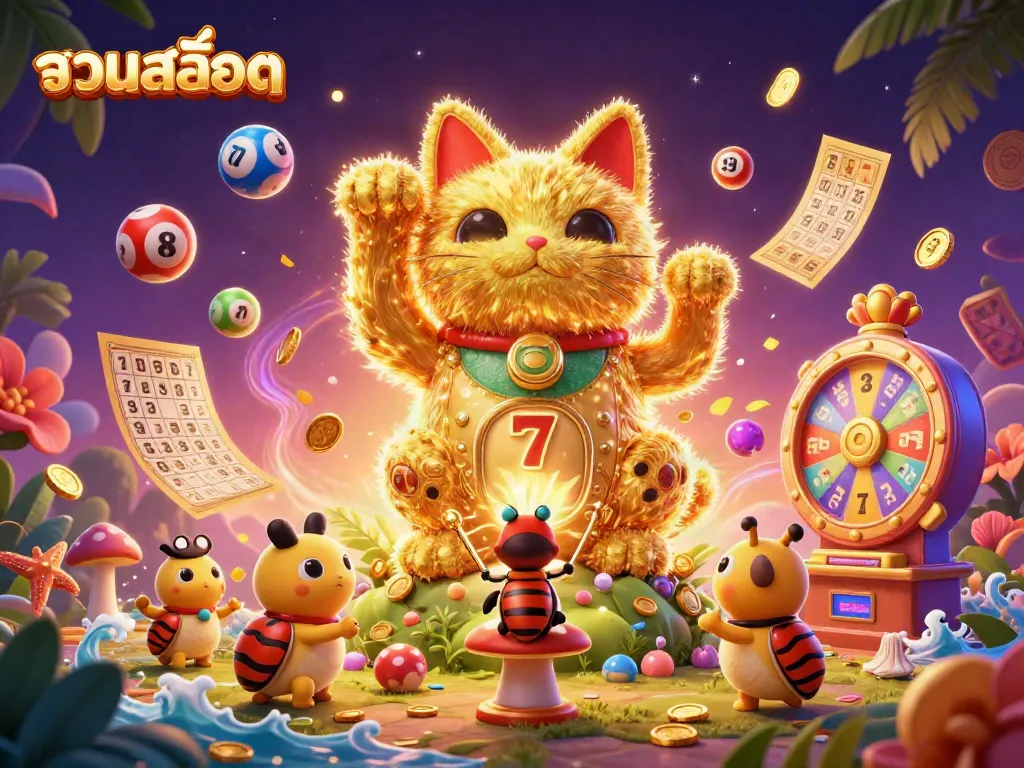 Experience รวมสล็อต excitement with a dynamic illustration of a lucky cat among colorful casino elements.