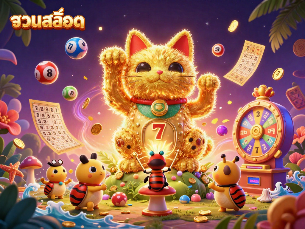 Experience รวมสล็อต excitement with a dynamic illustration of a lucky cat among colorful casino elements.