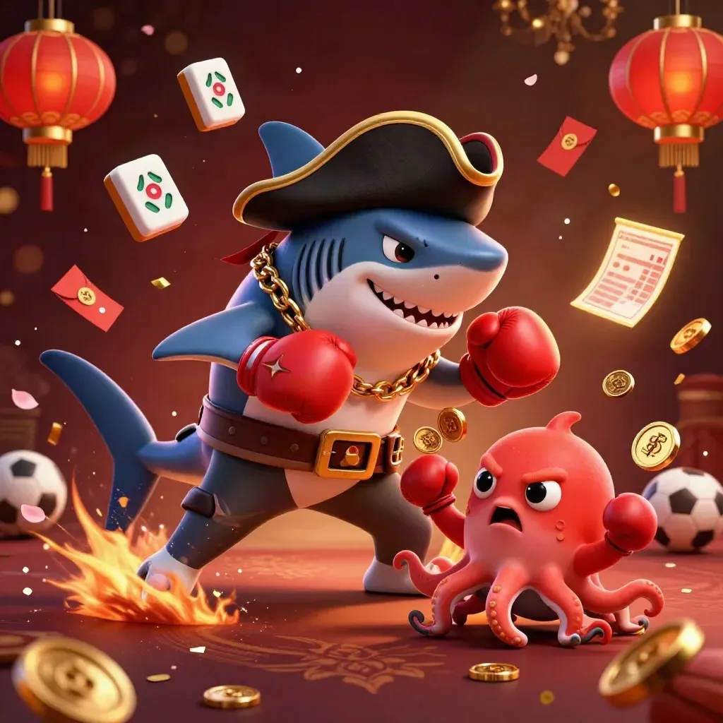 Low-angle pirate shark, boxing pufferfish and coin-juggling octopus amid casino sports props.