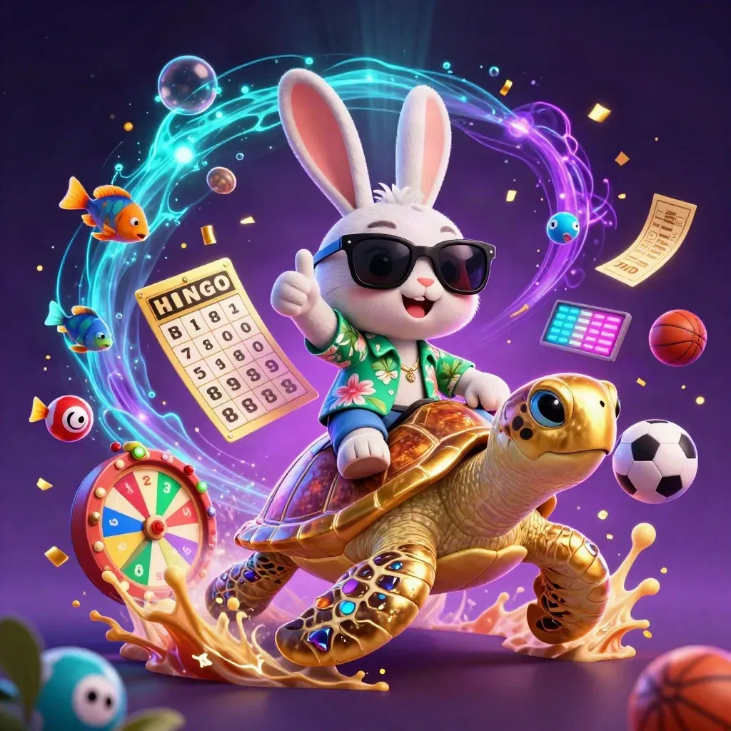 Lucky rabbit on golden sea turtle amid lottery balls, prize wheel, and neon bubbles.
