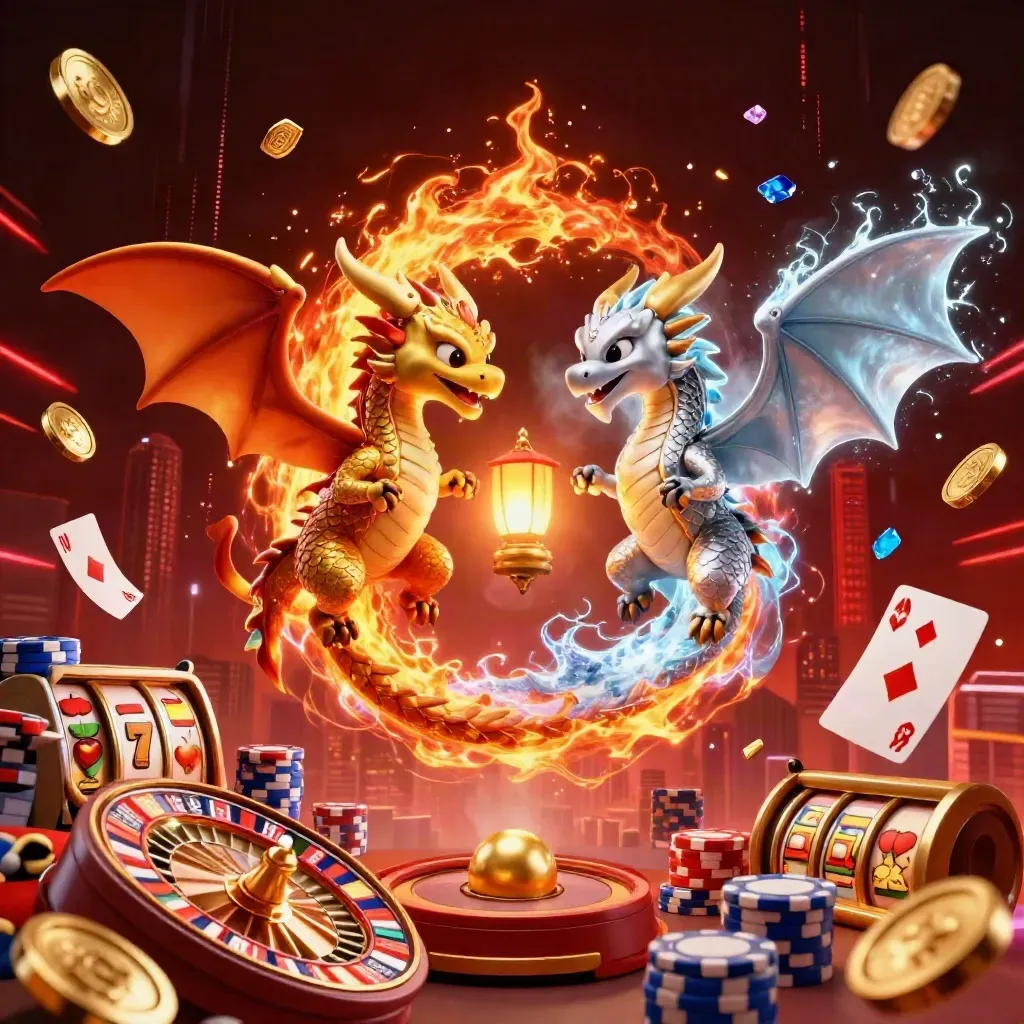 Twin gold and silver dragons swirl with fire, ice, coins, roulette, and glowing casino light.