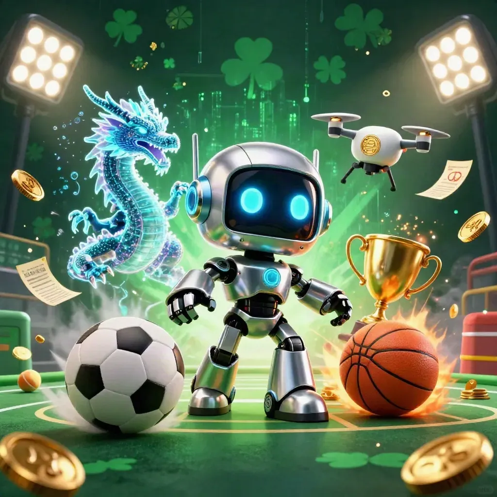 Cyberpunk robot, holographic dragon and drone amid flying sports balls, coins and stadium lights.