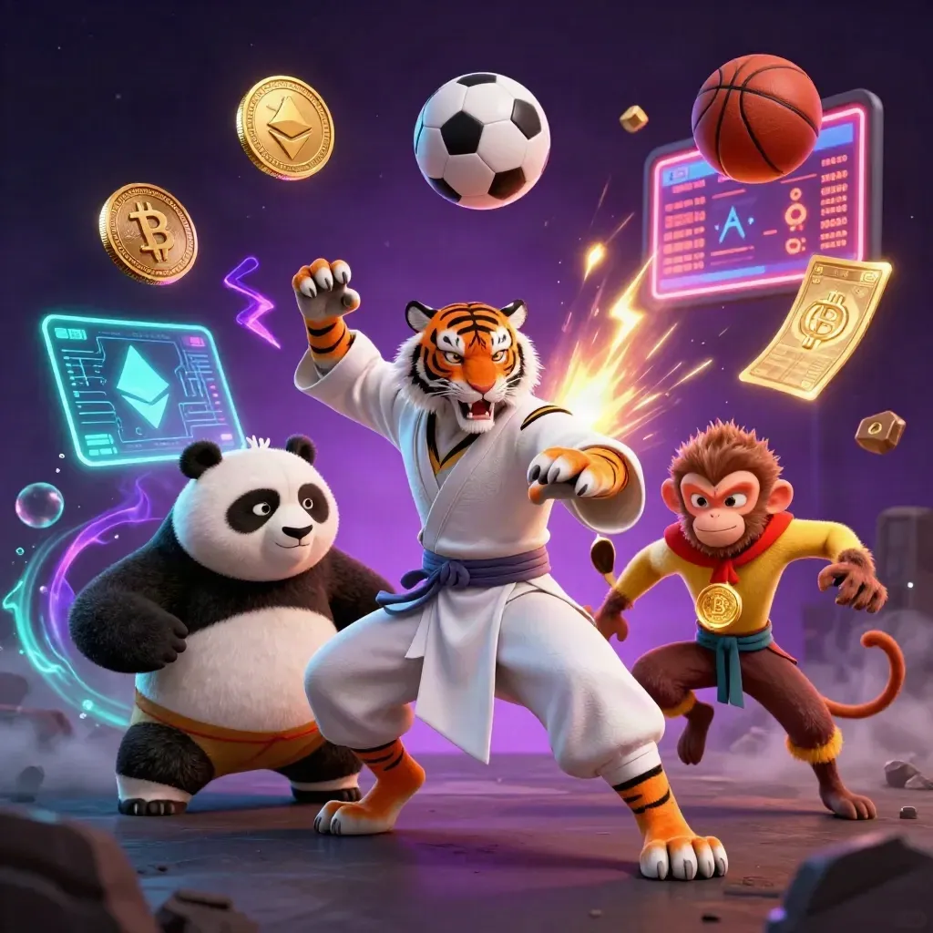 Tiger, panda and monkey in a fiery sports-casino action scene with balls, coins and lightning.