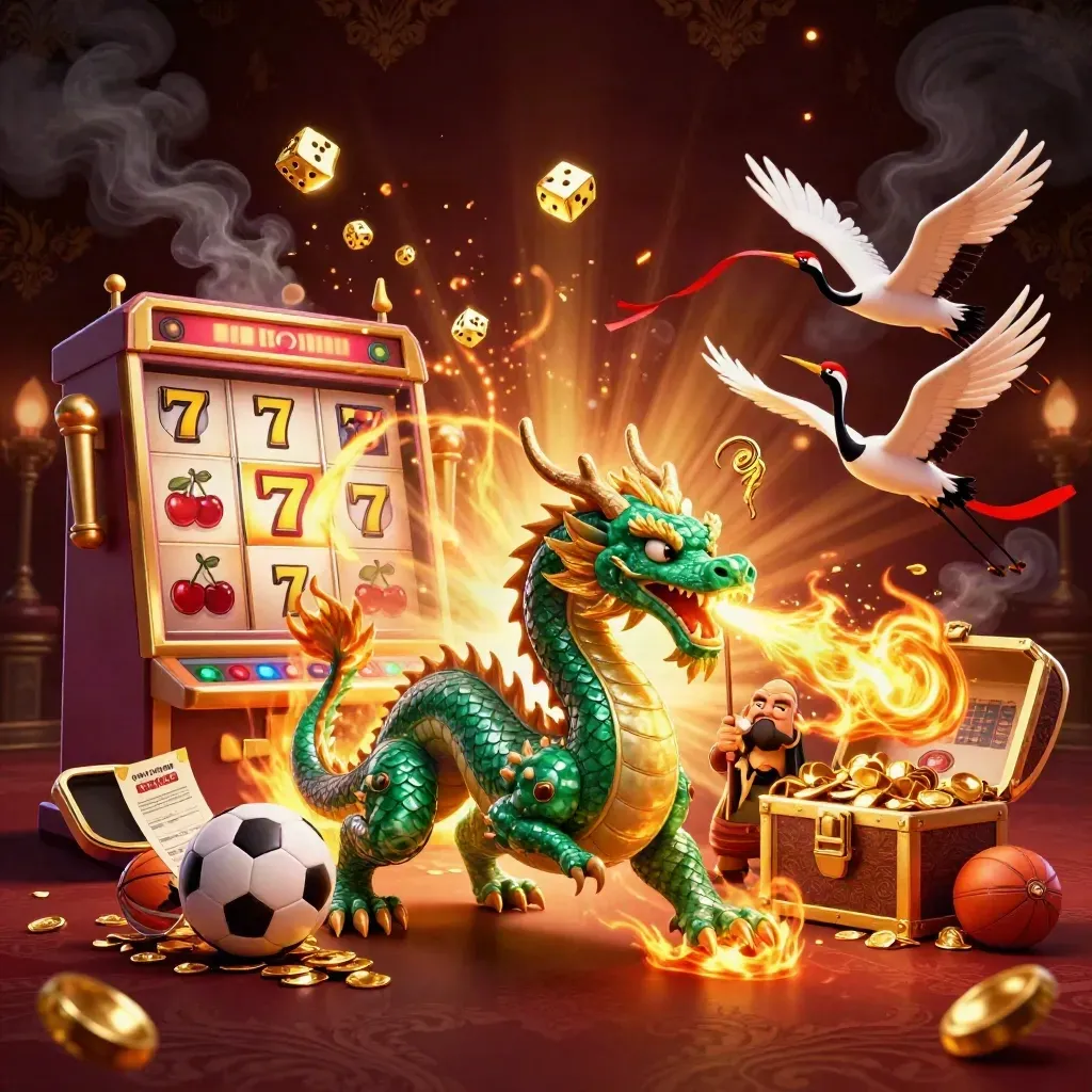 Emerald dragon, turtle sage and cranes amid slot reels, gold fire and casino symbols.