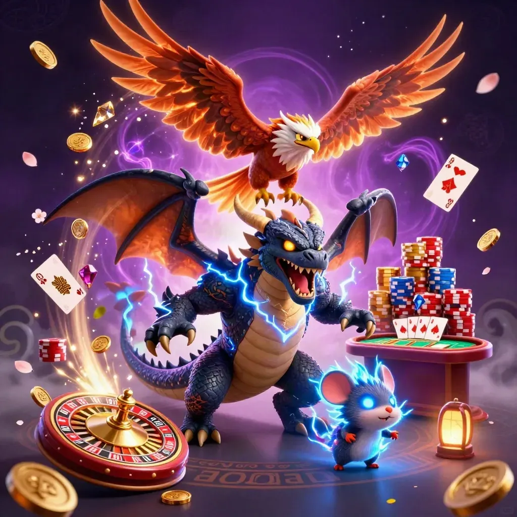 Thunder dragon, glowing hawk and static mouse amid coins, gems and a spinning roulette wheel