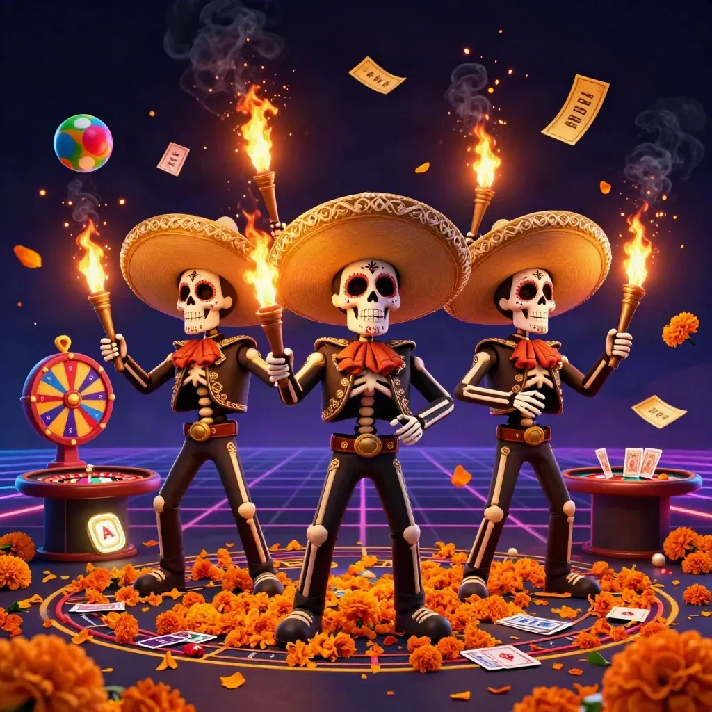 Skeleton mariachi trio in a neon casino burst with fire, gold props, and spinning game pieces