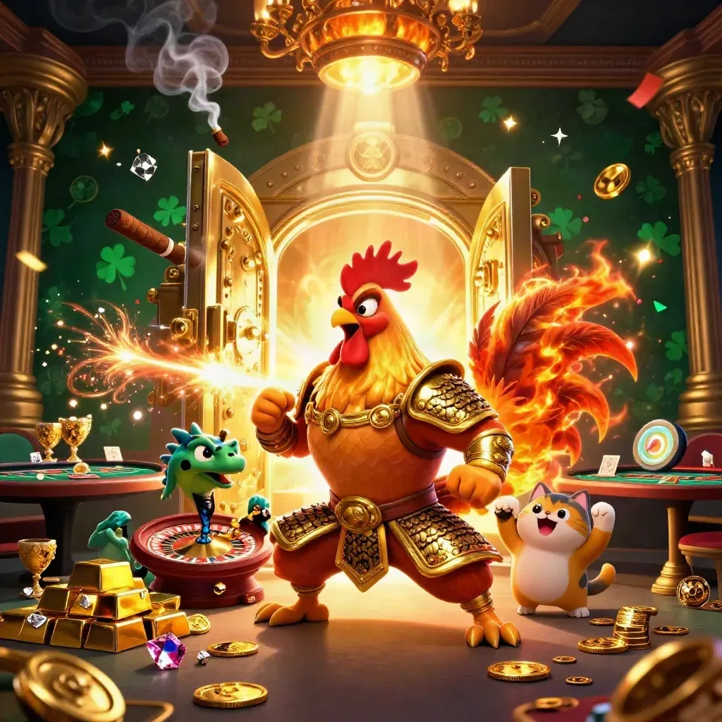 Rooster warrior, dragon hatchling, and fortune cat amid vault light, gold, gems, and casino glamour.
