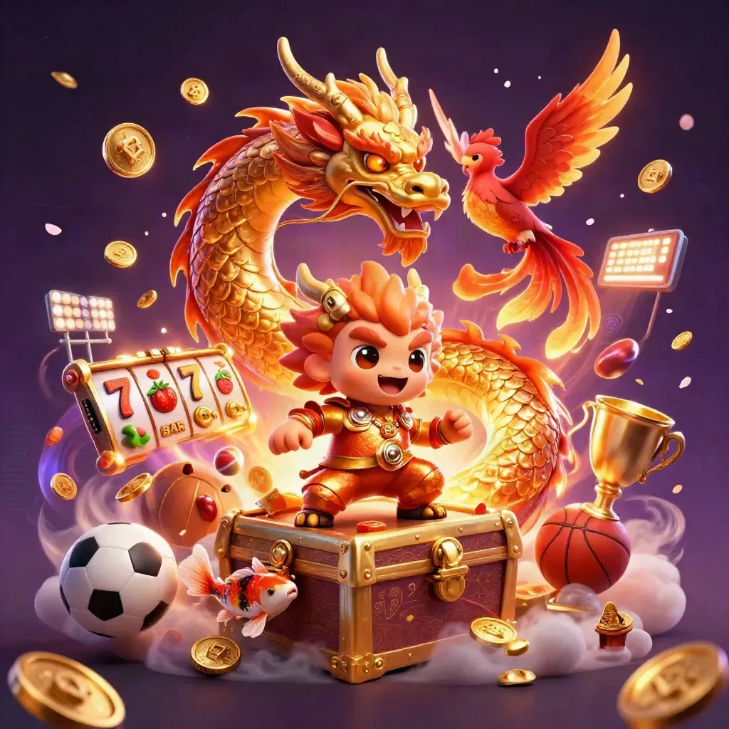 Golden dragon, phoenix, koi, and treasure burst amid casino and sports effects.