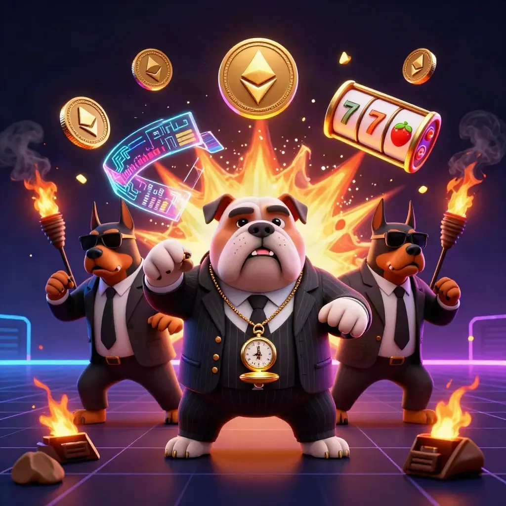 Bulldog boss and Doberman guards amid fiery crypto coins, slots, and ember-lit casino effects.