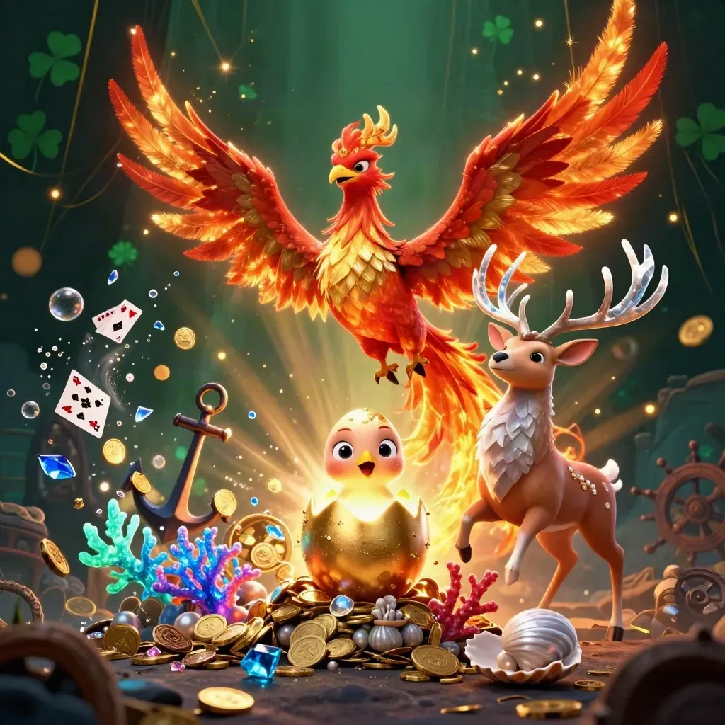 Phoenix, baby phoenix, and crystal-antler stag amid treasure cove sparks and coins.