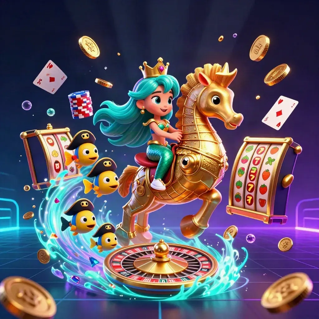 Mermaid princess on a golden seahorse with pirate fish, coins, chips, and neon casino effects.