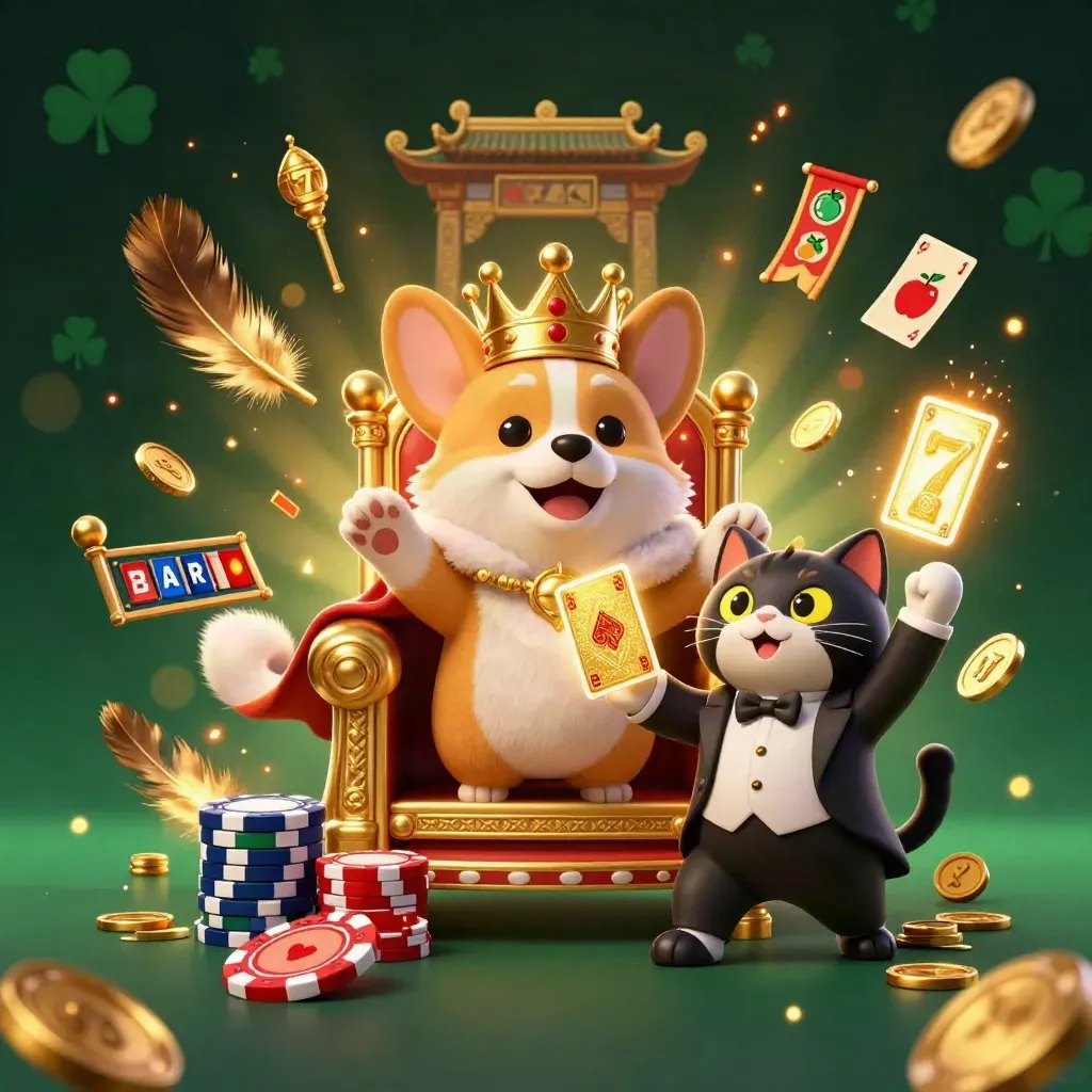 Royal corgi and cat butler on a poker-chip throne amid fiery casino treasure chaos