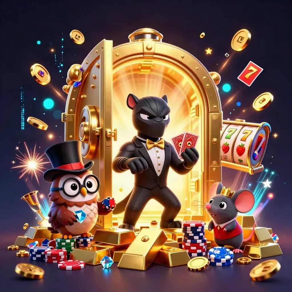 Panther, owl, and mouse raid a glowing vault amid gold, reels, gems, and fireworks.