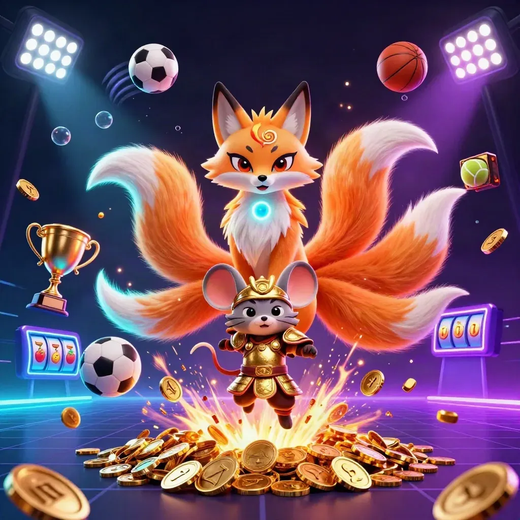 Fox spirit and armored mouse amid coins, trophies, sports balls, and neon casino sparks.