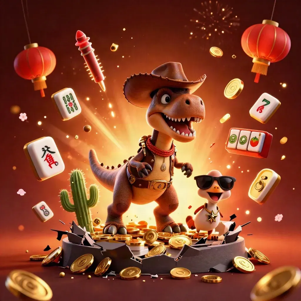 Cowboy T-Rex, cactus sidekick, and sheriff roadrunner burst from a vault with coins and fireworks.
