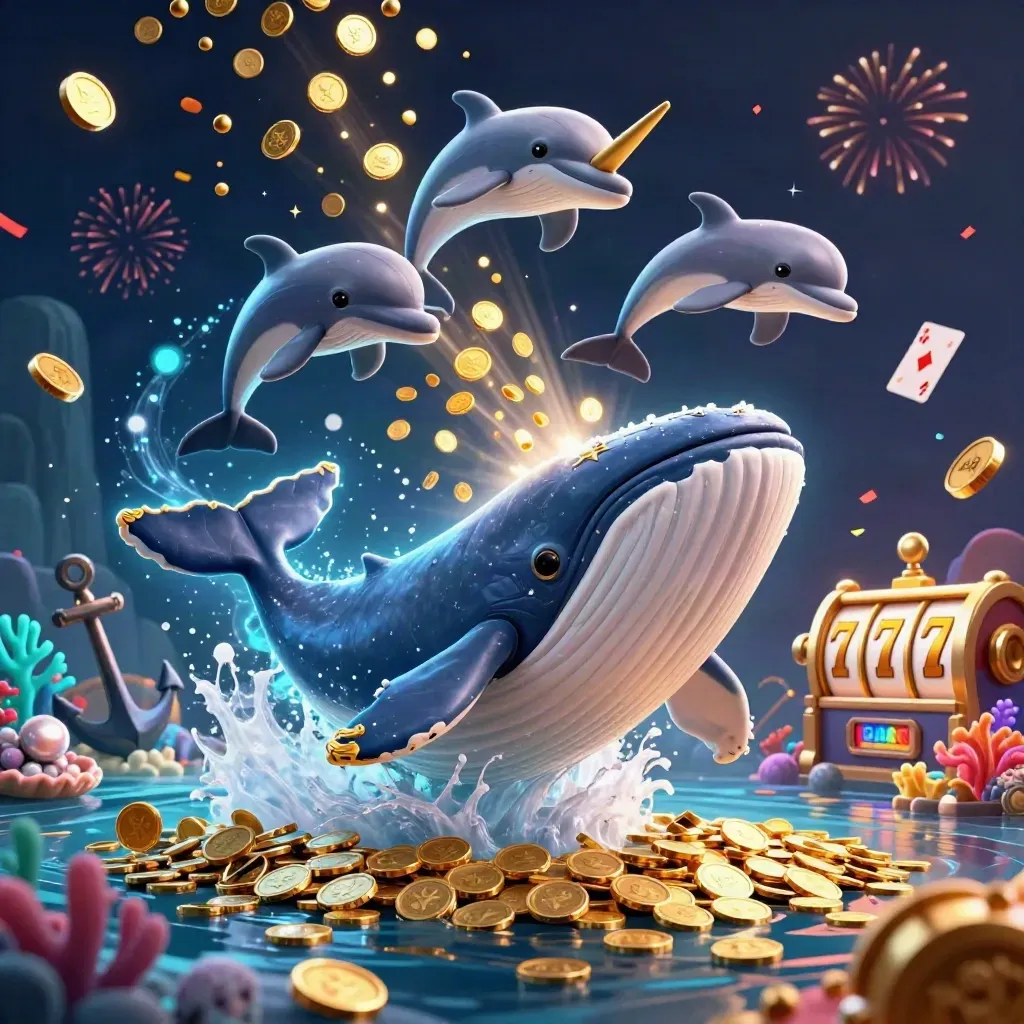 Captain whale, narwhal, and dolphins burst through coins in a dark neon treasure cove.