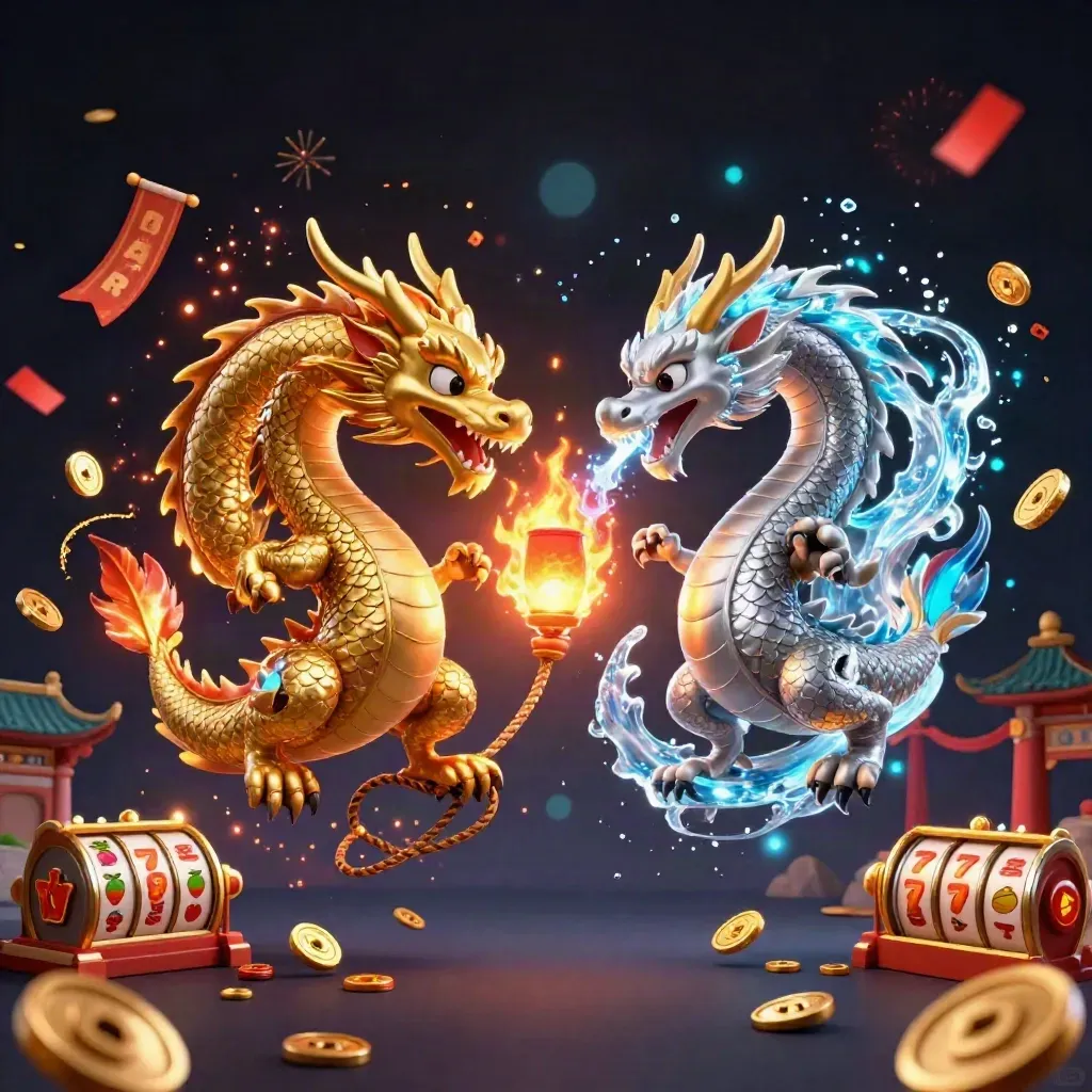 Gold and silver dragons form a yin-yang of fire and ice amid casino sparks and temple gold.
