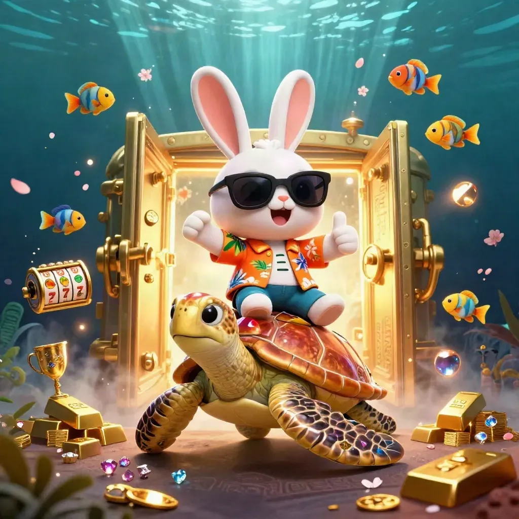 Rabbit on jeweled sea turtle with gold vault burst, slot reels, fish, and underwater glow