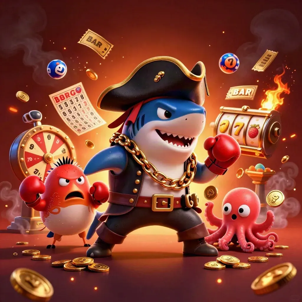 Shark captain, boxing pufferfish, and juggling octopus amid fiery casino reels and coins