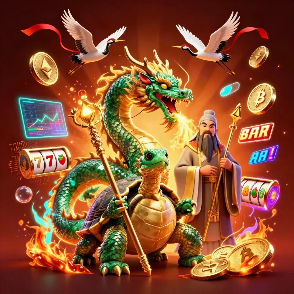 Emerald dragon, turtle sage, and cranes amid casino sparks, coins, and fire.