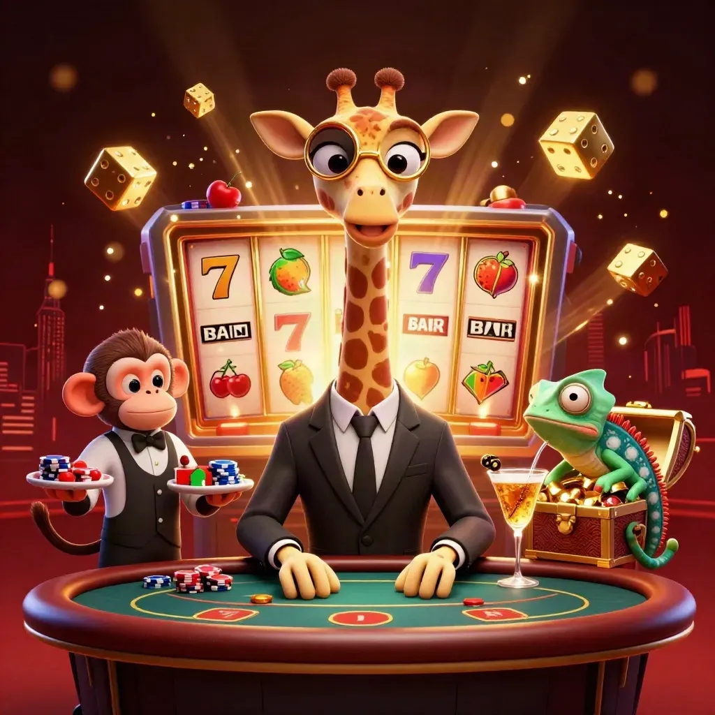 Giraffe, monkey and chameleon in a fiery slot-casino scene with gold, dice, reels and jackpot glow
