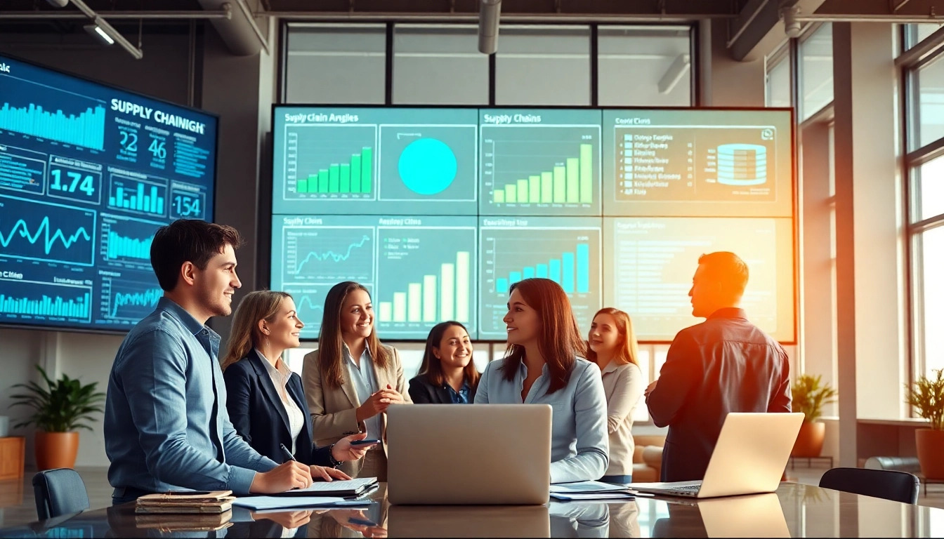 Analyze supply chain insights with a professional team engaging over data analytics in a modern office.