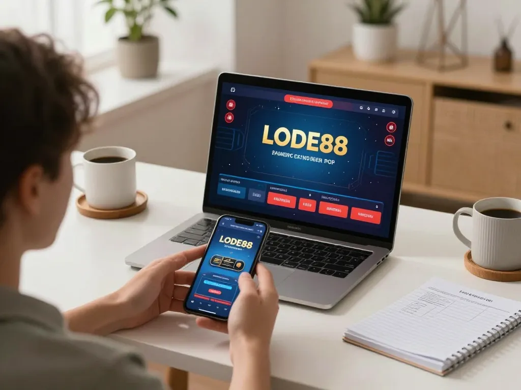 Player enjoying LODE88 mobile app on smartphone during a vibrant home gaming session.