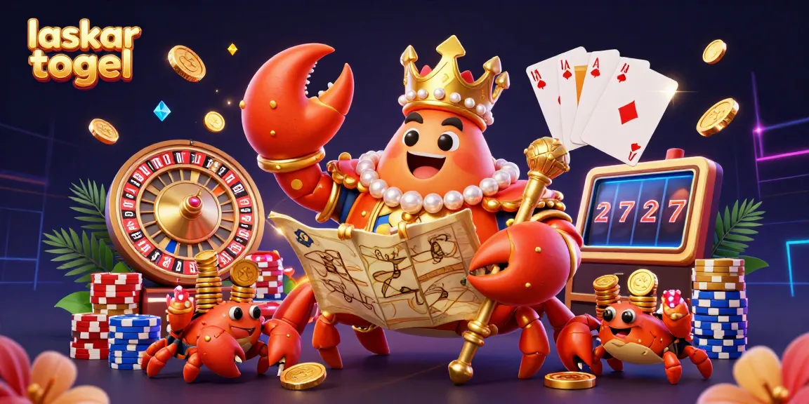 Witness the golden crab emperor leading a gambling adventure with laskar togel, surrounded by a spectacle of coins and cards.