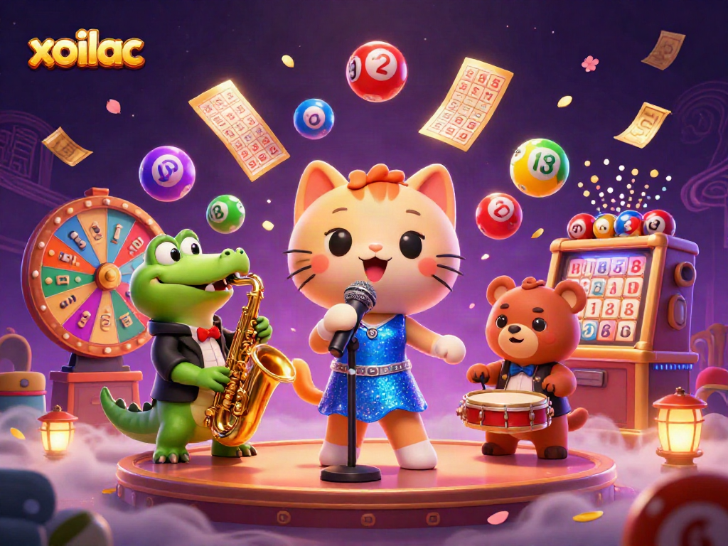 Hình ảnh xoilac mô tả một chú mèo hát jazz, cá sấu và gấu với bóng số và giải thưởng sôi động.