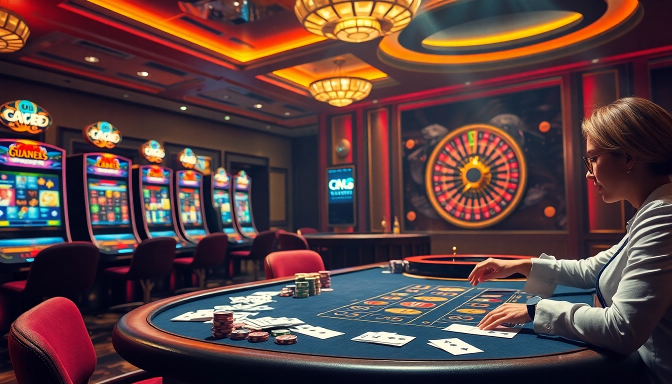 Engaging gameplay at nhà cái cm88, featuring dynamic casino tables, excited gamblers, and a roulette wheel.