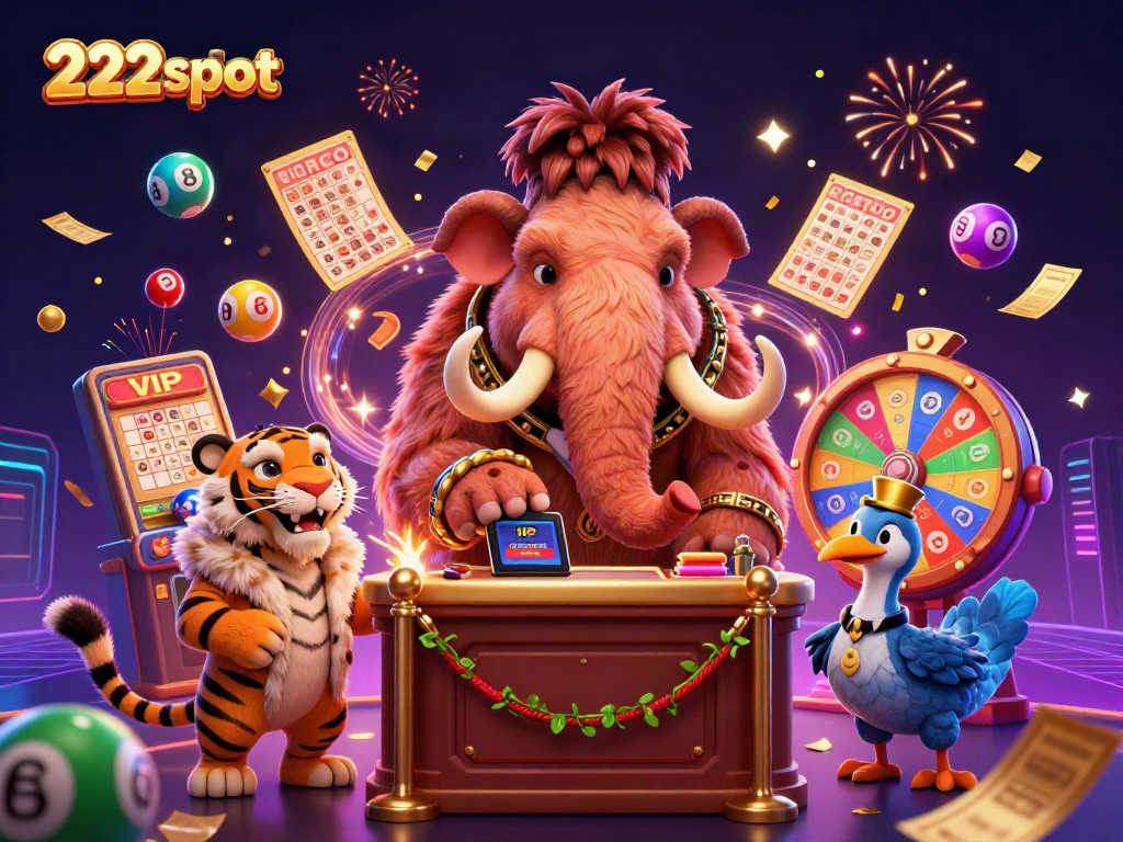 Visualisasi 3D yang menggambarkan aktivitas kasino 222slot dengan karakter unik dan elemen permainan.