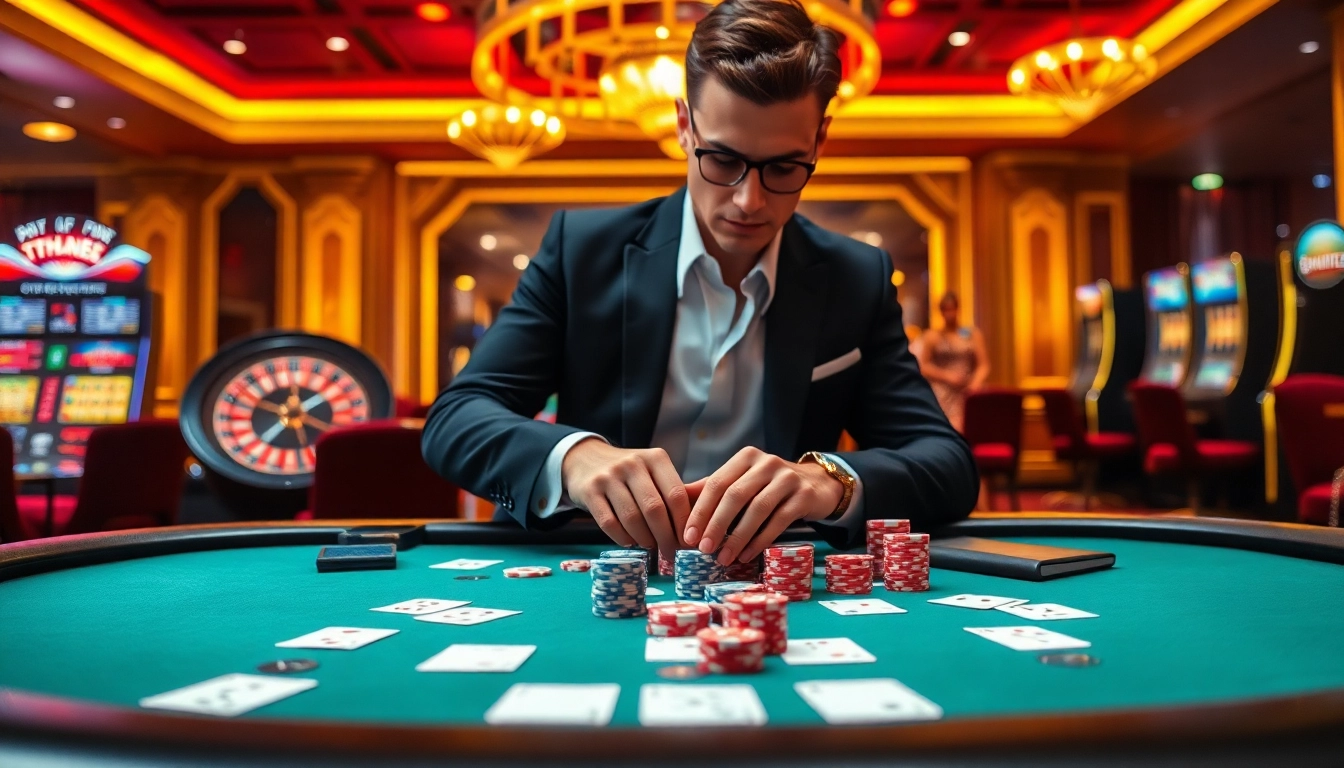 Thrilling poker action at thabet casino with high-stakes cards and chips in play.