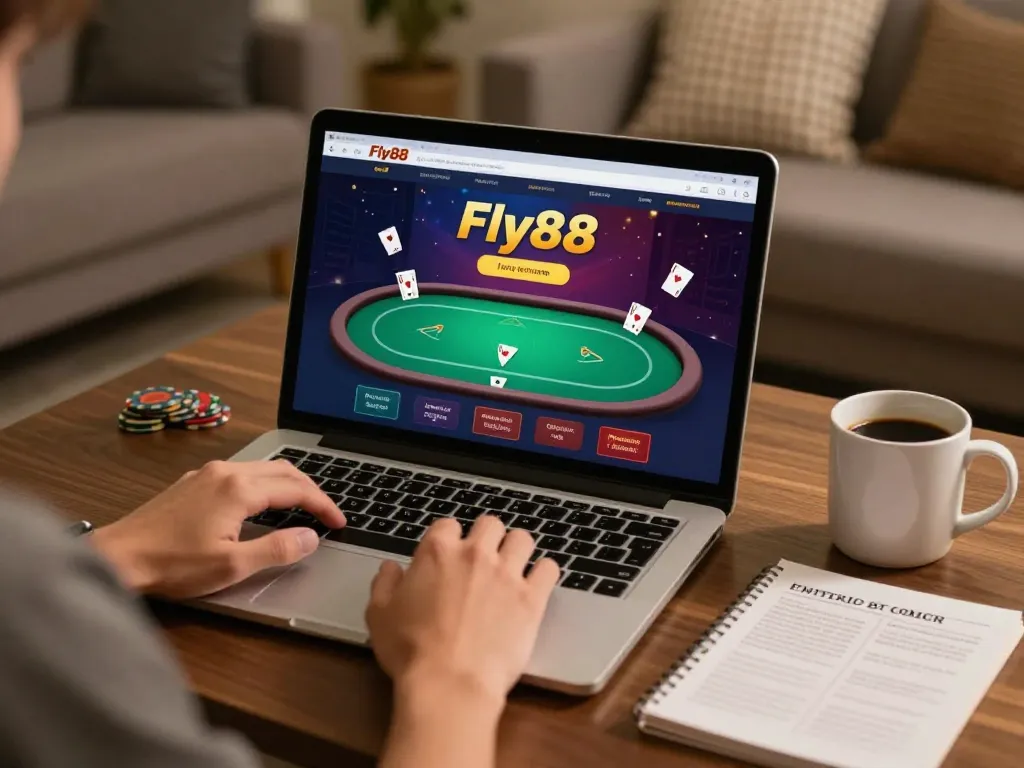 Fly88 player strategizing online casino bets at home with vibrant gaming interface.
