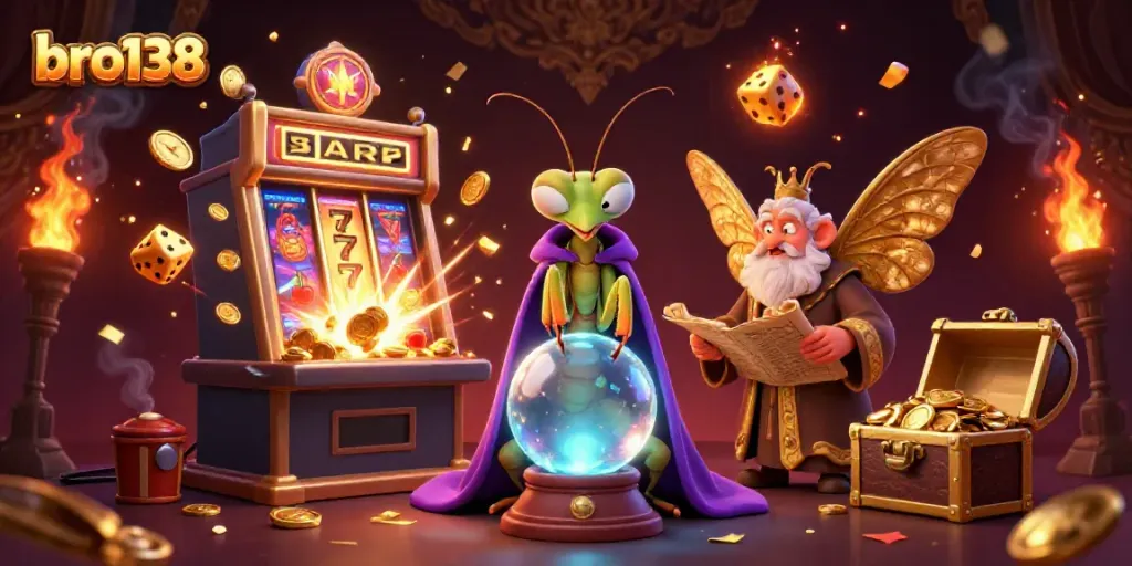 Experience thrilling wins at bro138 with a vibrant 3D illustration of fortune tellers and casino excitement.