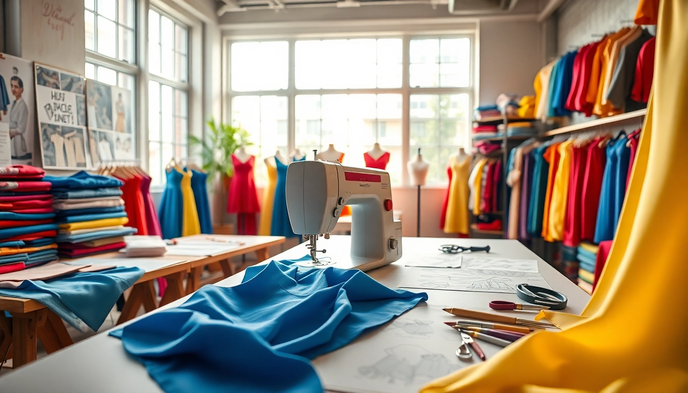 Custom Clothing Manufacturer showcasing vibrant textiles and a sewing machine in a creative studio.