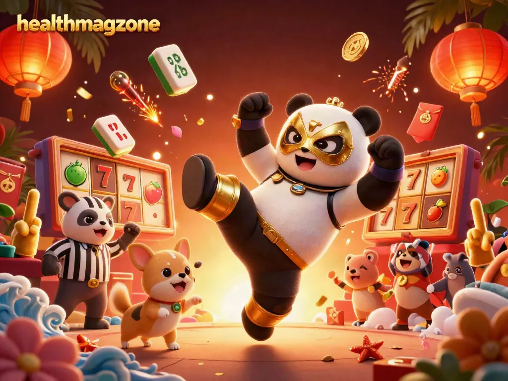 healthmagzone menghadirkan visual slot yang dinamis di dunia kasino online dengan panda petarung melompat.