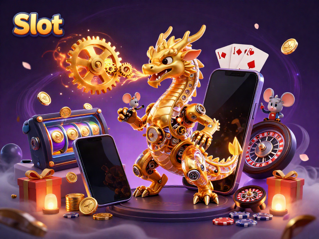 Permainan slot yang mempesona dengan naga emas mekanikal dan ponsel berisi permainan slot