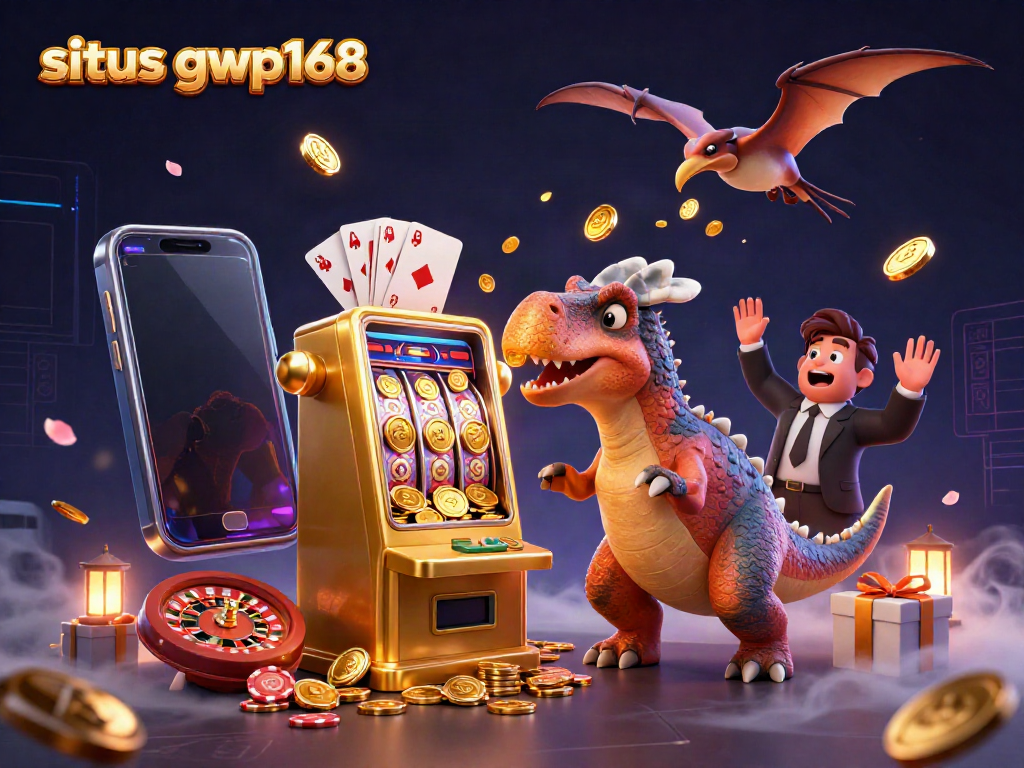 Gambarkan jackpot di situs gwp168 dengan dinosaurus dan mesin slot emas yang mengeluarkan koin