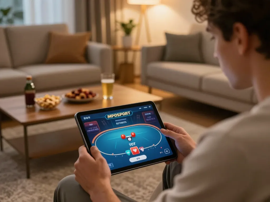 Experience mpo sport poker gameplay on a cozy tablet setup in a warm living room.