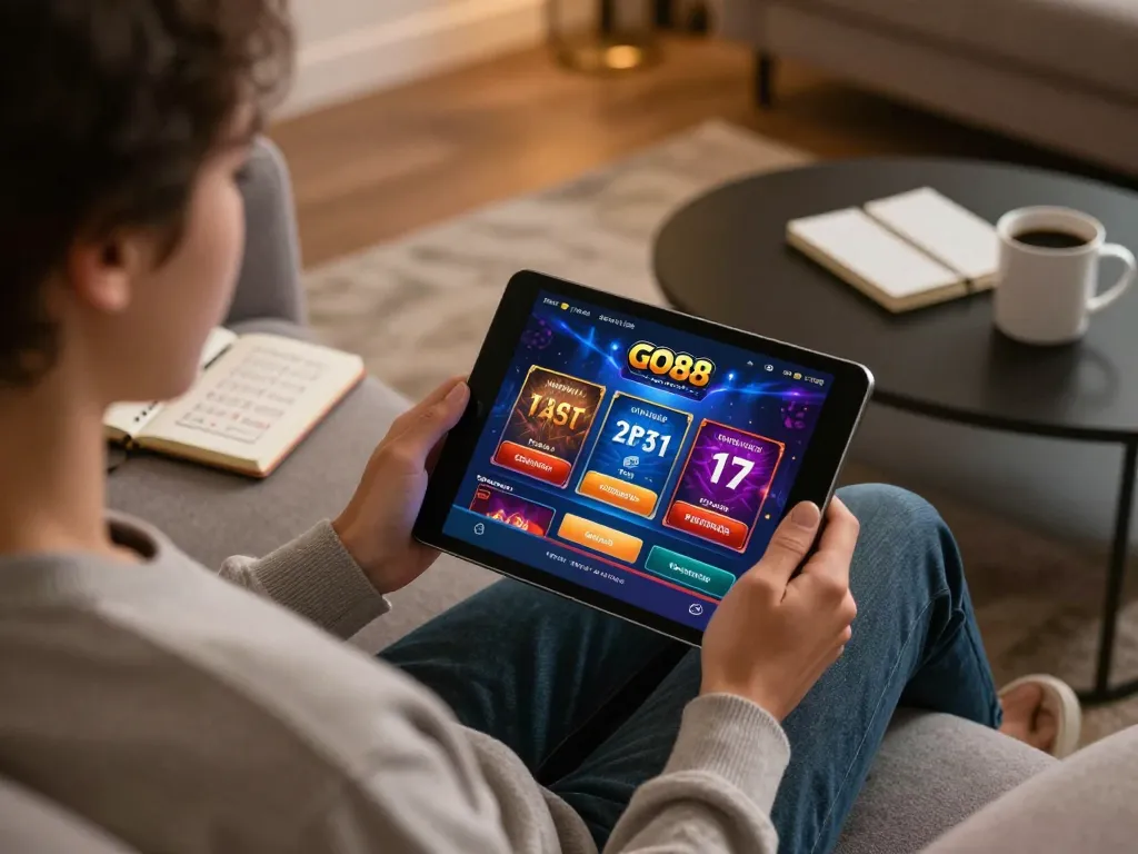 Engaging with the GO88 casino app on a tablet in a cozy home setting.