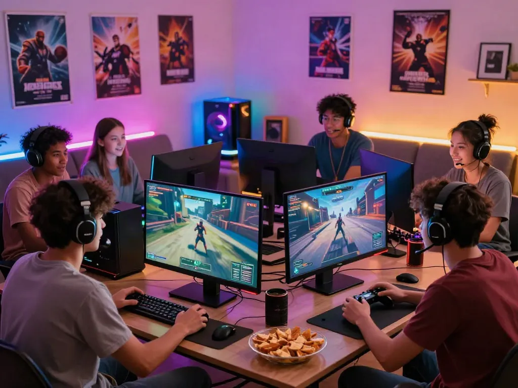 Friends excitedly playing games together in a cozy living room setting, showcasing the akunjp gaming experience.