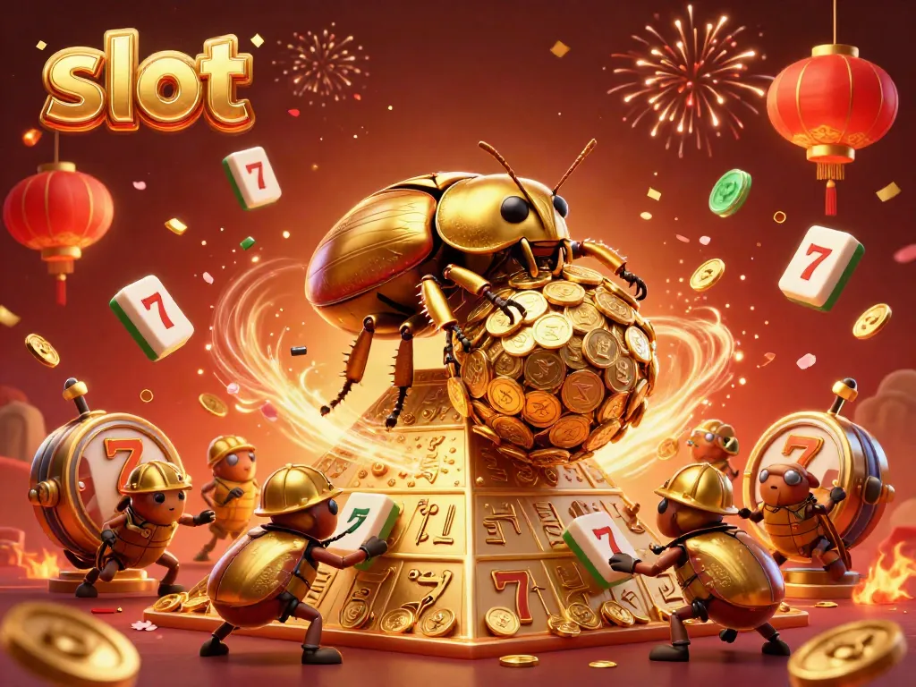 Experience thrilling slot action with playful beetles rolling gold coins and fireworks bursting above.