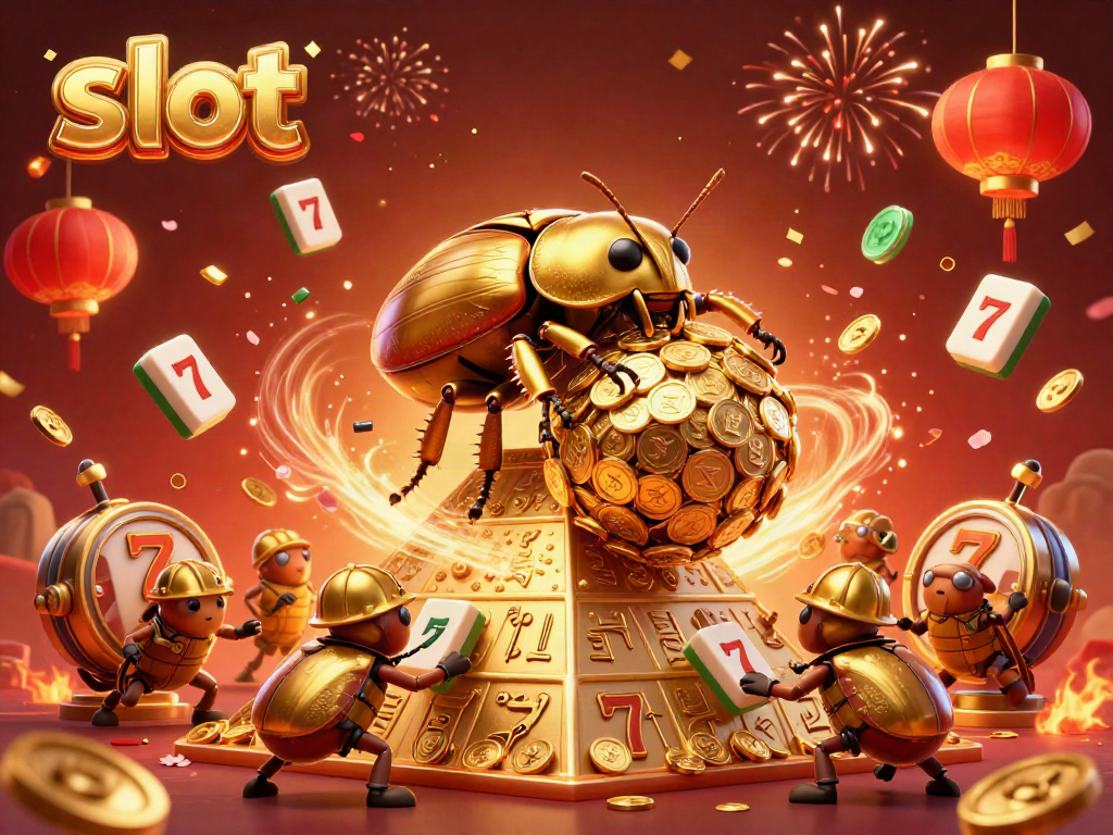 Experience thrilling slot action with playful beetles rolling gold coins and fireworks bursting above.