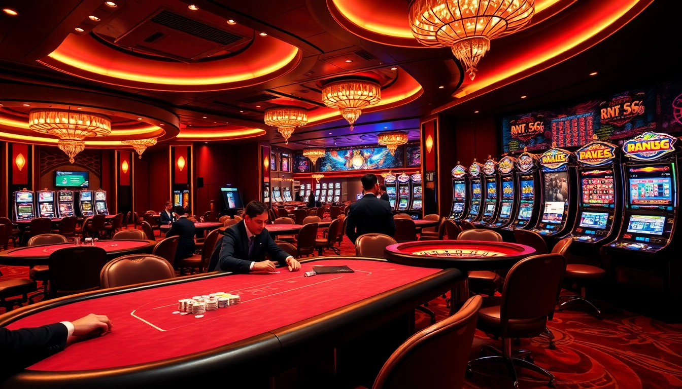 Engaging scene of gambling excitement at https://u888f.design/ with professional players at poker tables and vibrant slot machines.